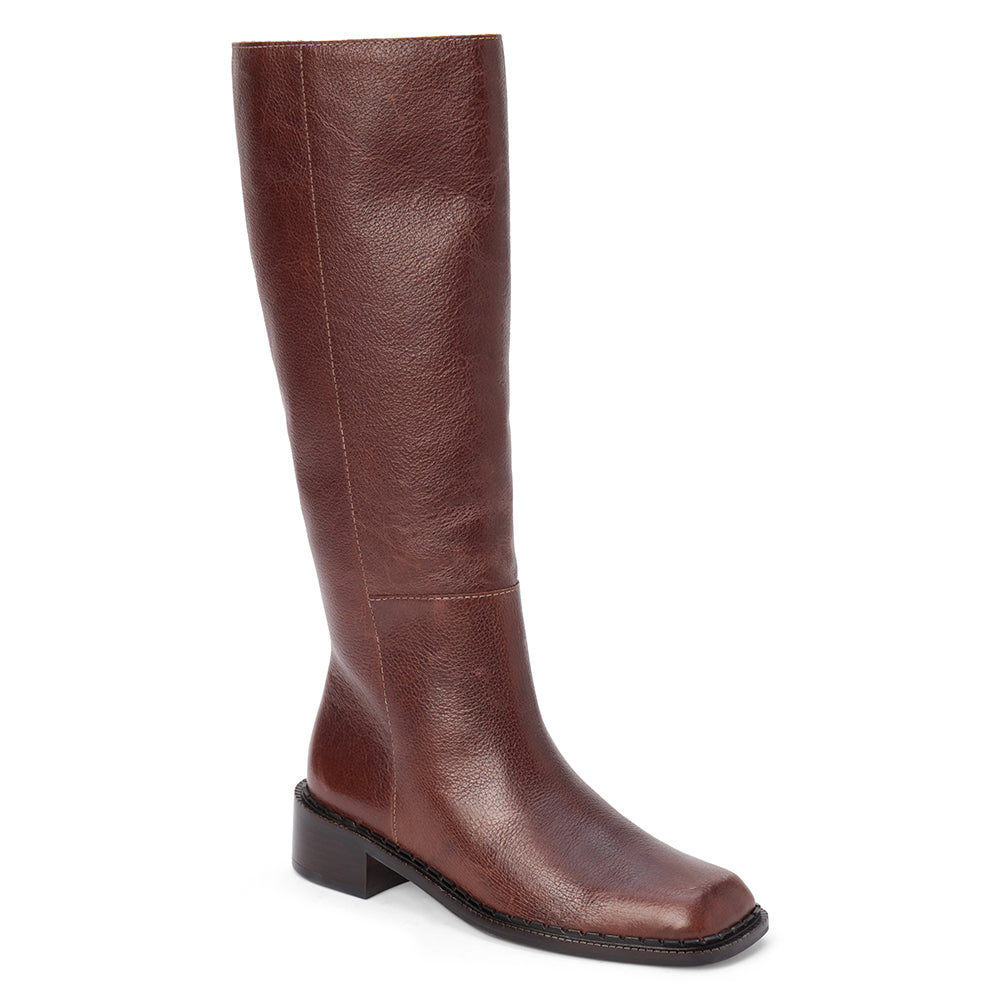 Brown leather knee-high boot with a rounded toe, low block heel, and smooth upper shown on a white background.