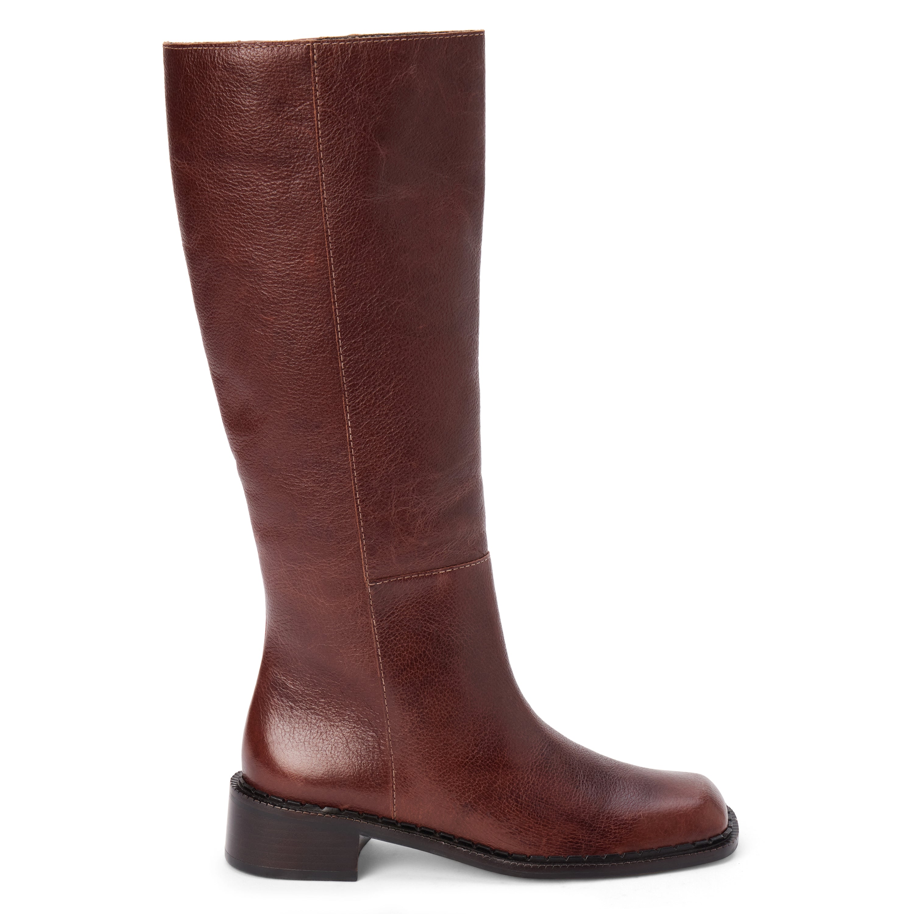Brown leather knee-high boot with a rounded toe, low block heel, and smooth upper shown on a white background.