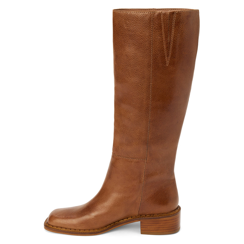 Franklin Knee-High Boot – Matisse Footwear – Rich cognac leather knee-high boot with square toe and low stacked heel.