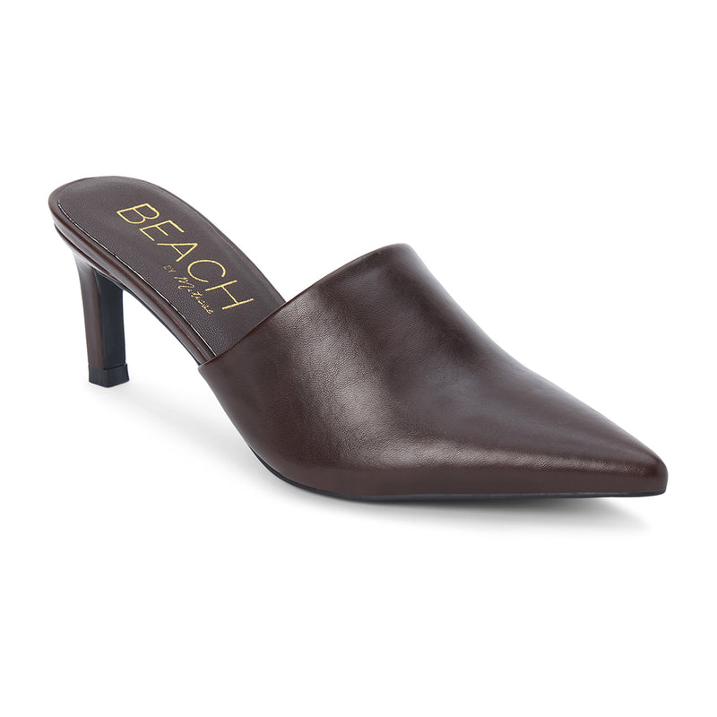 Garret Heeled Mule – Beach by Matisse – Dark Brown pointed-toe slip-on mule with smooth finish and stiletto heel.