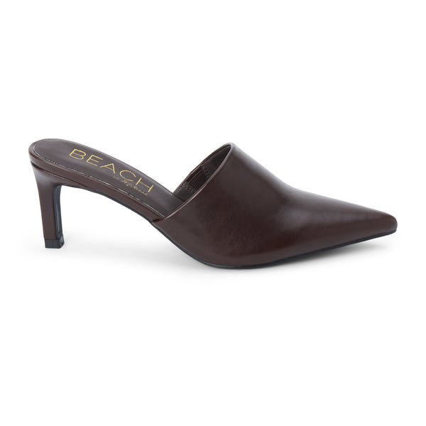 Garret Heeled Mule – Beach by Matisse – Dark Brown pointed-toe slip-on mule with smooth finish and stiletto heel.