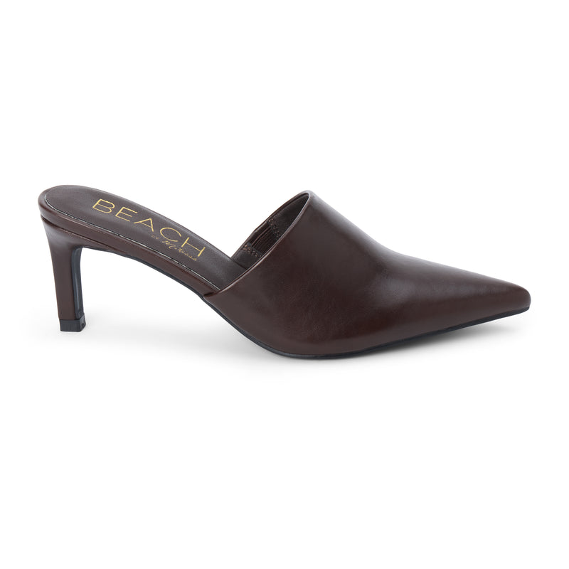 Garret Heeled Mule – Beach by Matisse – Dark Brown pointed-toe slip-on mule with smooth finish and stiletto heel.