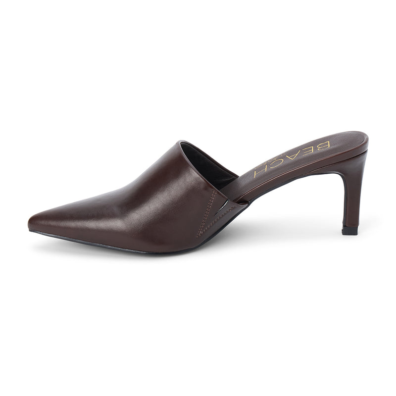 Garret Heeled Mule – Beach by Matisse – Dark Brown pointed-toe slip-on mule with smooth finish and stiletto heel.