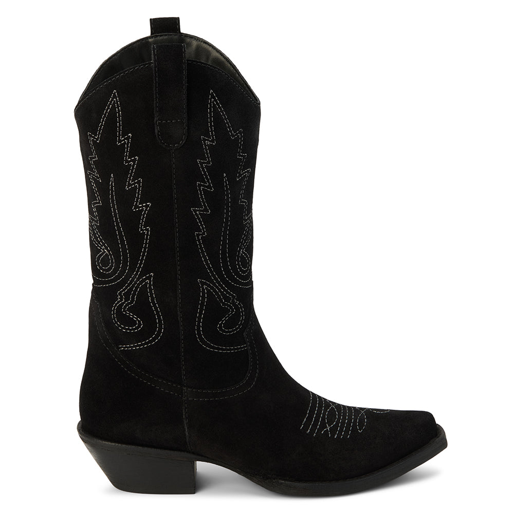Gaucho Western Boot – Coconuts By Matisse – Black suede mid-calf boots with classic Western stitching, pull tabs, and a pointed toe. A timeless cowboy silhouette made for everyday edge and effortless cool.