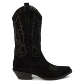 Gaucho Western Boot – Coconuts By Matisse – Black suede mid-calf boots with classic Western stitching, pull tabs, and a pointed toe. A timeless cowboy silhouette made for everyday edge and effortless cool.