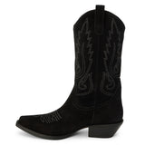 Gaucho Western Boot – Coconuts By Matisse – Black suede mid-calf boots with classic Western stitching, pull tabs, and a pointed toe. A timeless cowboy silhouette made for everyday edge and effortless cool.