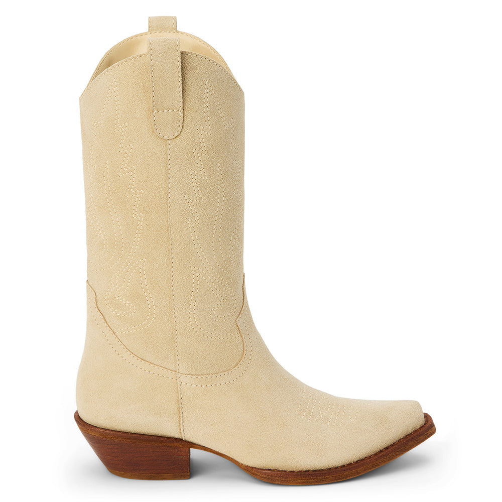 Gaucho Western Boot – Coconuts By Matisse – Natural suede mid-calf boots with classic Western stitching, pull tabs, and a pointed toe. A timeless cowboy silhouette made for everyday edge and effortless cool.