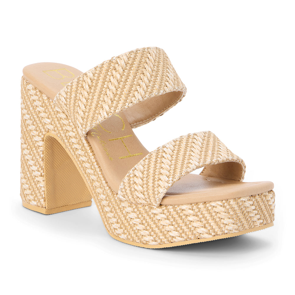 Tan woven platform heel sandal with two wide straps and a chunky block heel, shown on a white background.