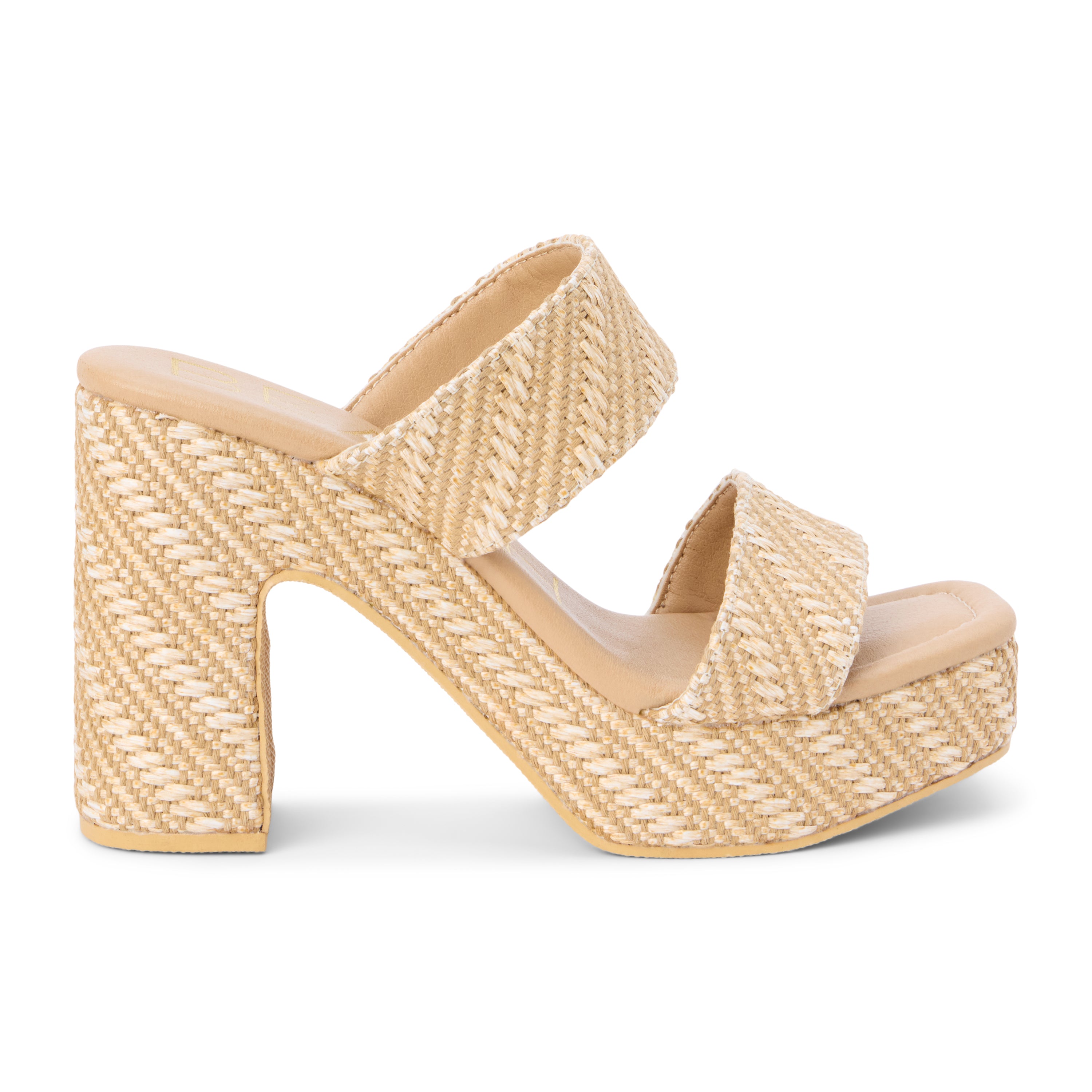 Tan woven platform heel sandal with two wide straps and a chunky block heel, shown on a white background.