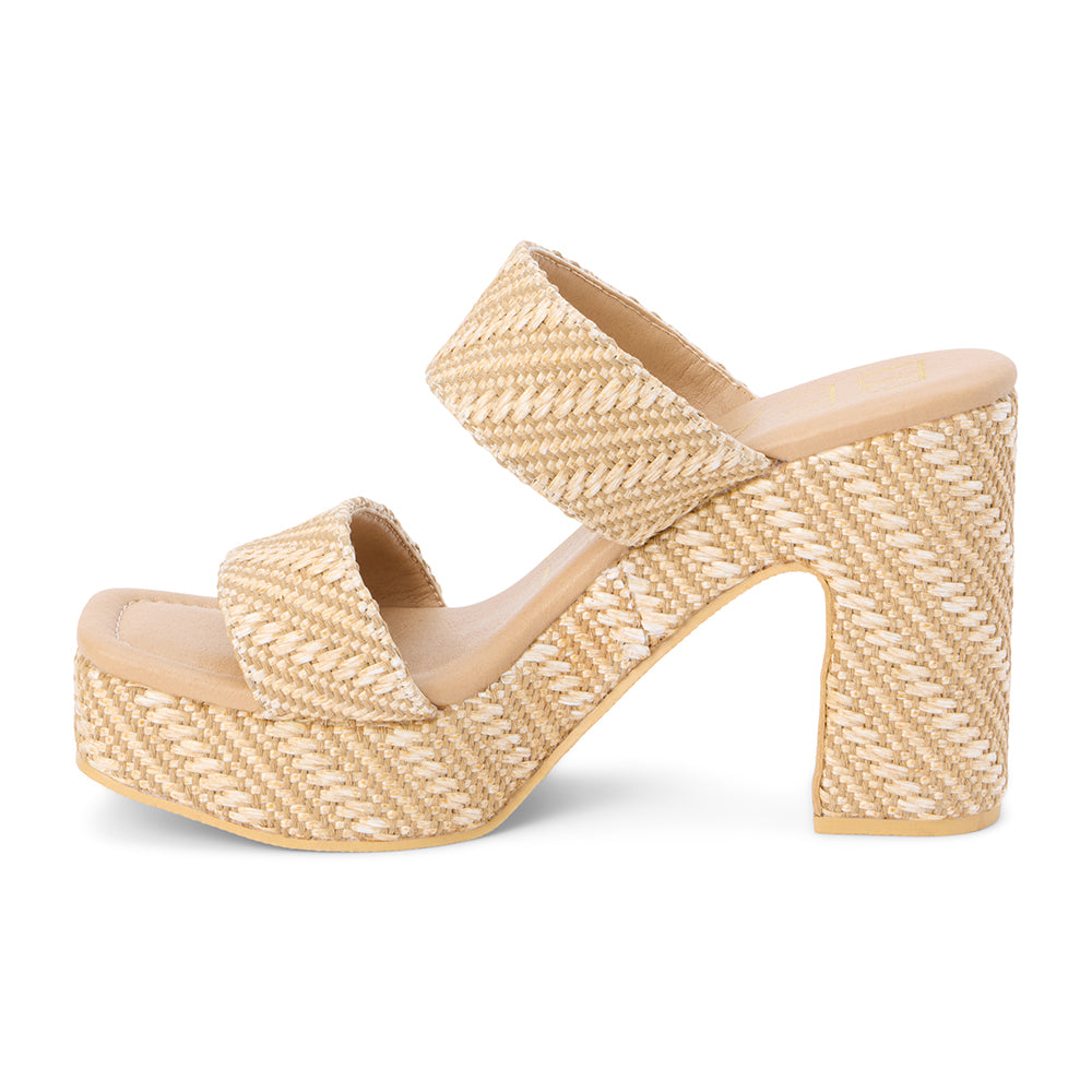 Tan woven platform heel sandal with two wide straps and a chunky block heel, shown on a white background.