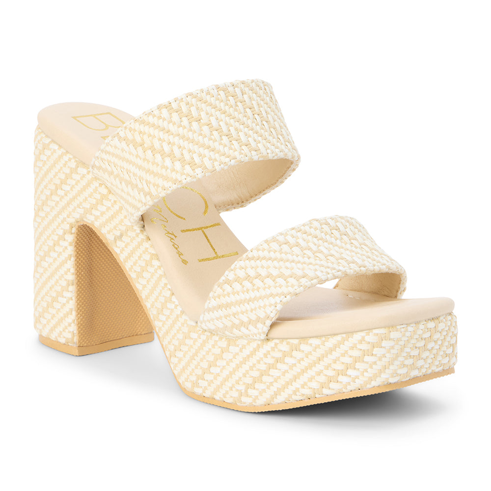 Ivory woven platform heel sandal with two wide straps and a chunky block heel, shown on a white background.