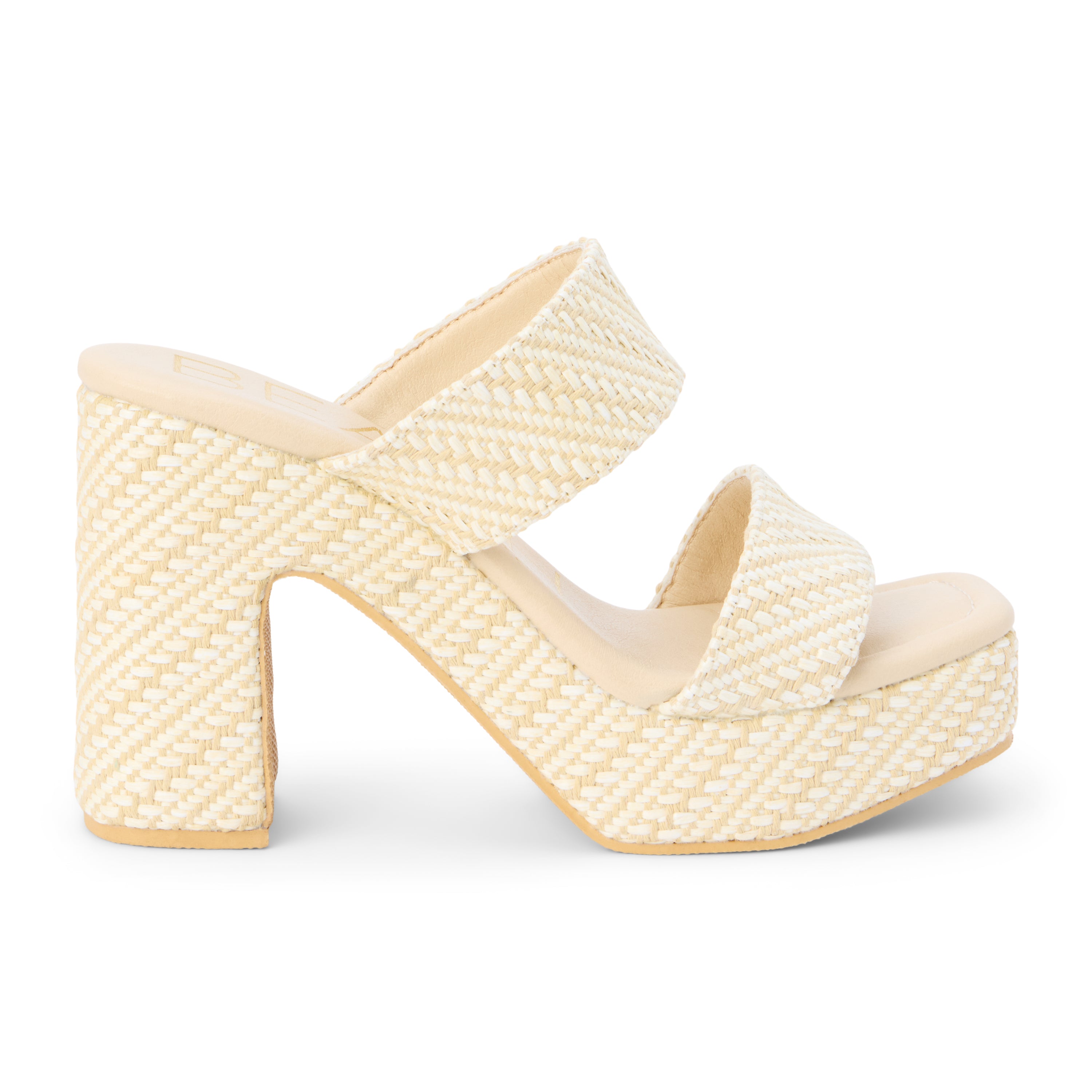 Ivory woven platform heel sandal with two wide straps and a chunky block heel, shown on a white background.