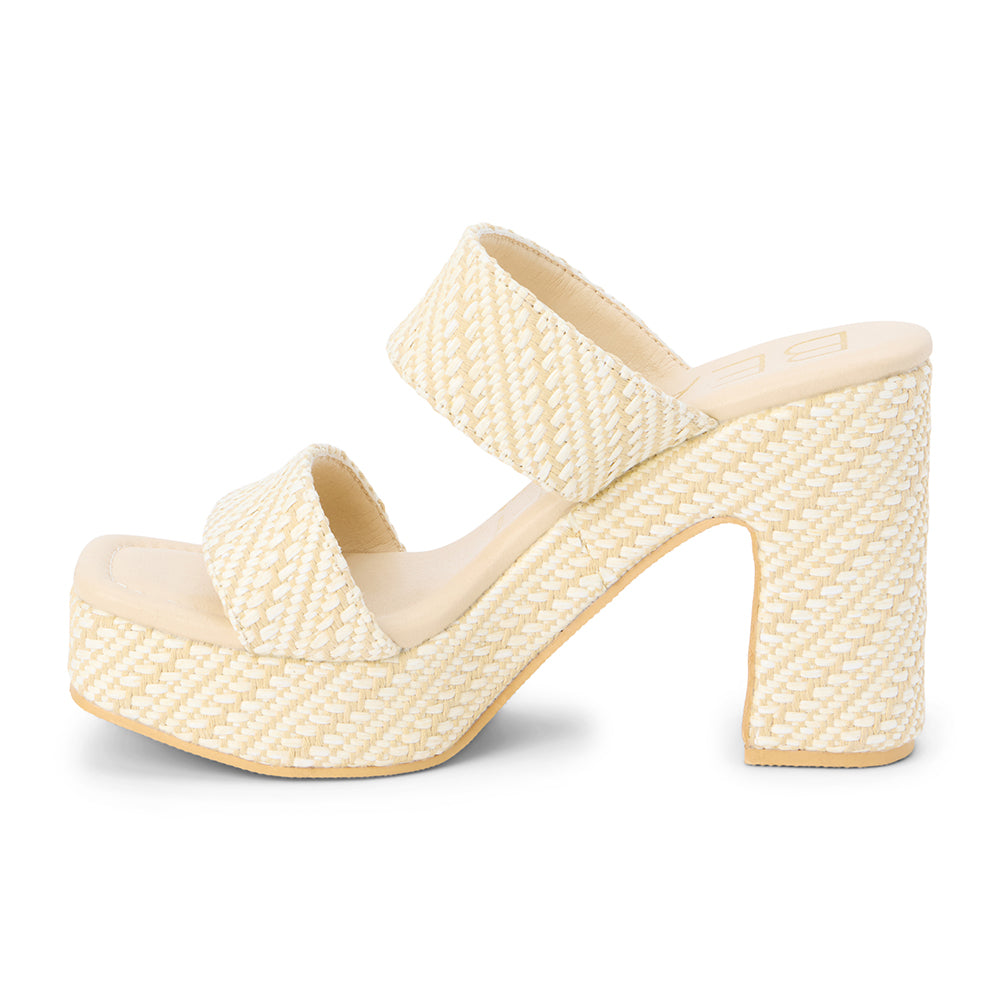 Ivory woven platform heel sandal with two wide straps and a chunky block heel, shown on a white background.