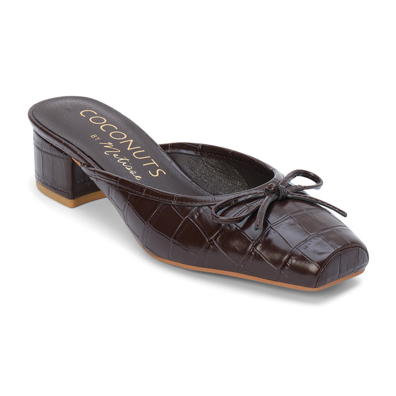 Geneva Heeled Mule – Coconuts by Matisse – Dark brown croc-embossed mule with a square toe, low block heel, and delicate bow detail.