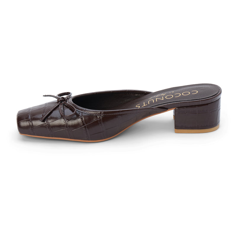Geneva Heeled Mule – Coconuts by Matisse – Dark brown croc-embossed mule with a square toe, low block heel, and delicate bow detail.