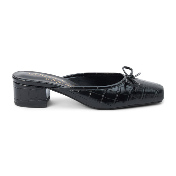 Geneva Heeled Mule – Coconuts by Matisse – Black croc-embossed mule with a square toe, low block heel, and delicate bow detail.