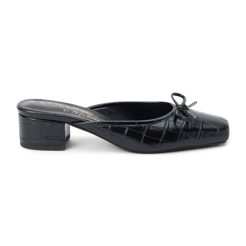 Geneva Heeled Mule – Coconuts by Matisse – Black croc-embossed mule with a square toe, low block heel, and delicate bow detail.