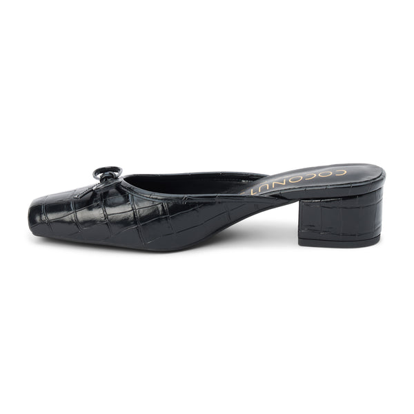 Geneva Heeled Mule – Coconuts by Matisse – Black croc-embossed mule with a square toe, low block heel, and delicate bow detail.