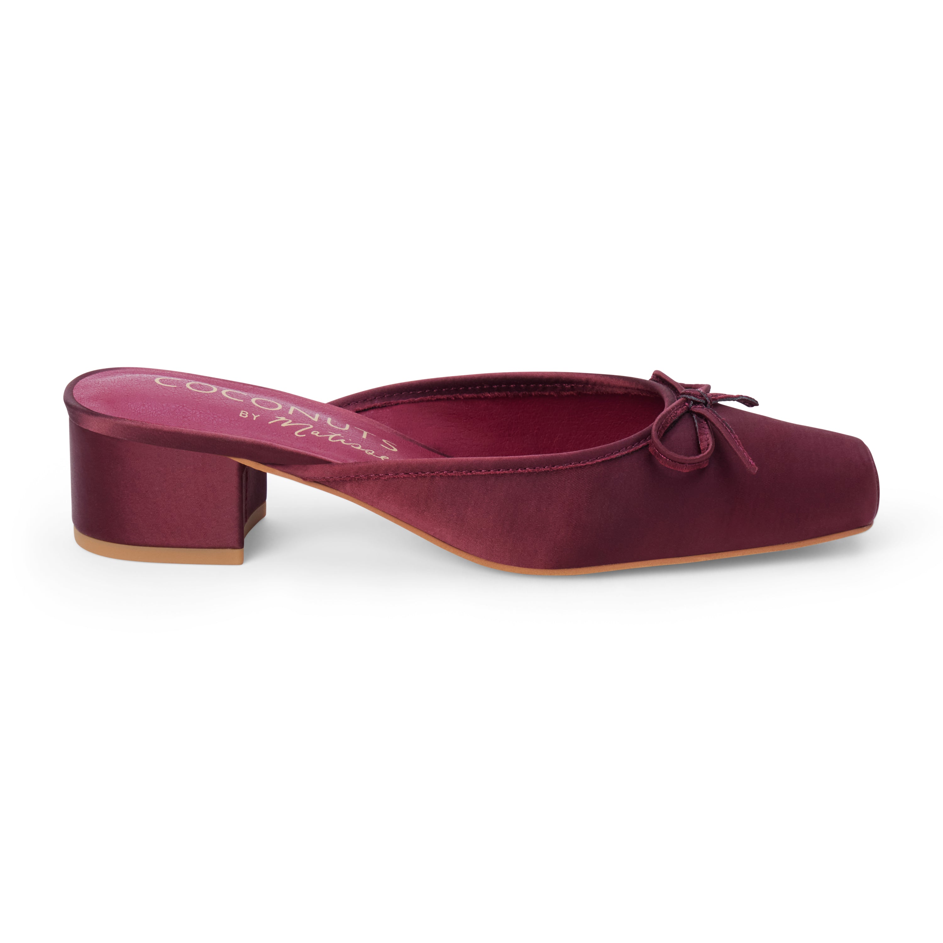 Vegan burgundy satin heeled mule with a square toe, tonal bow detail, open back, and low block heel shown on a white background.