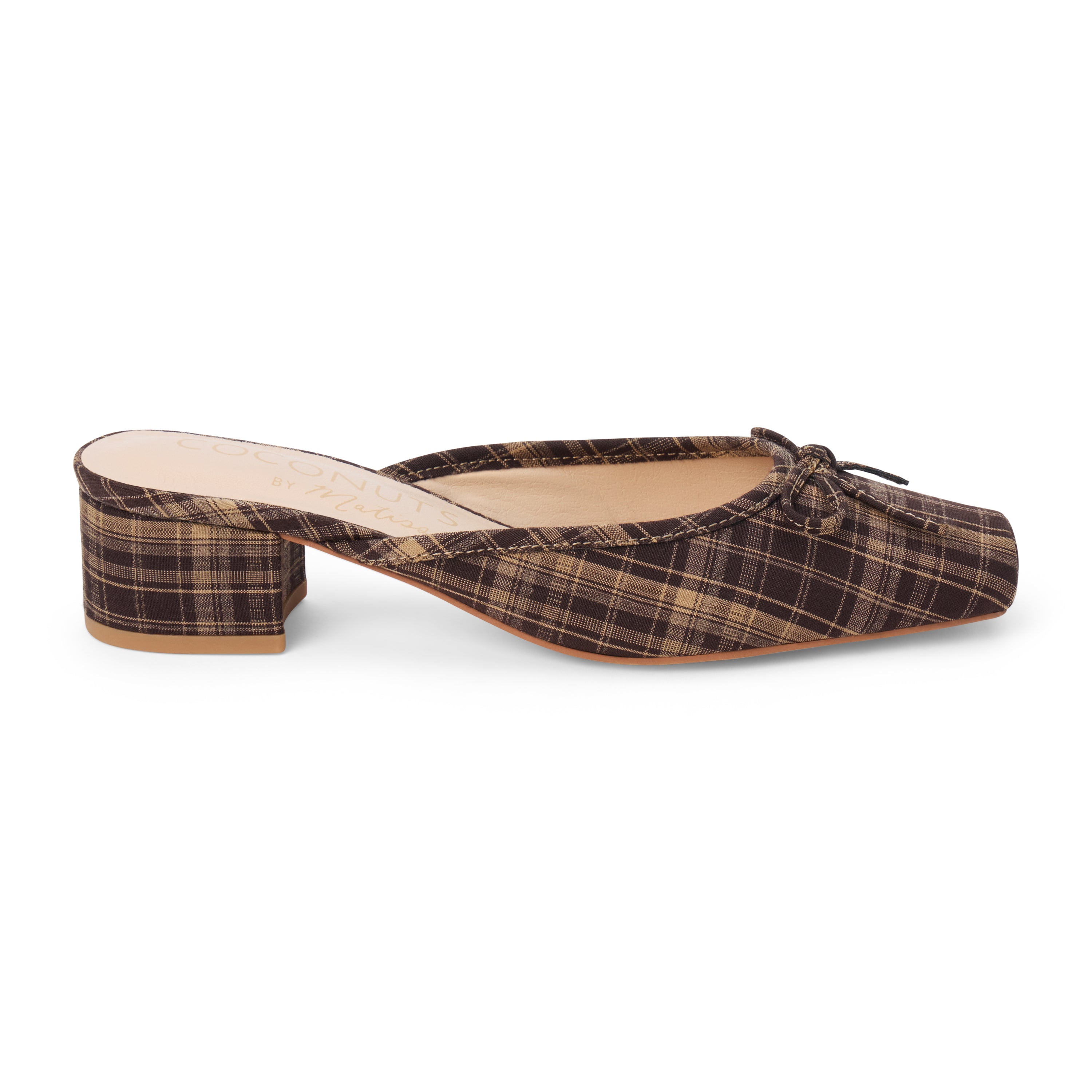Vegan brown and tan plaid textile heeled mule with a square toe, bow detail, open back, and low block heel shown on a white background.
