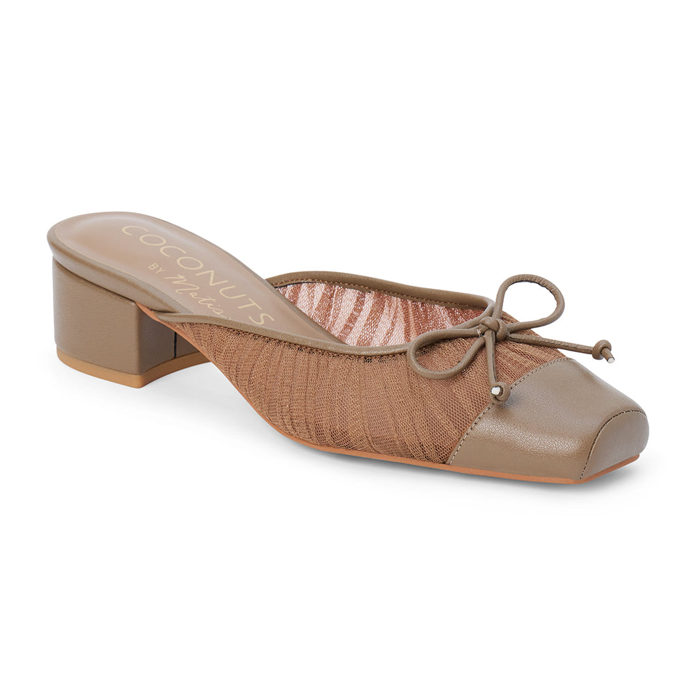 Vegan brown mesh heeled mule with a square toe, tonal bow detail, solid toe cap, and low block heel shown on a white background.