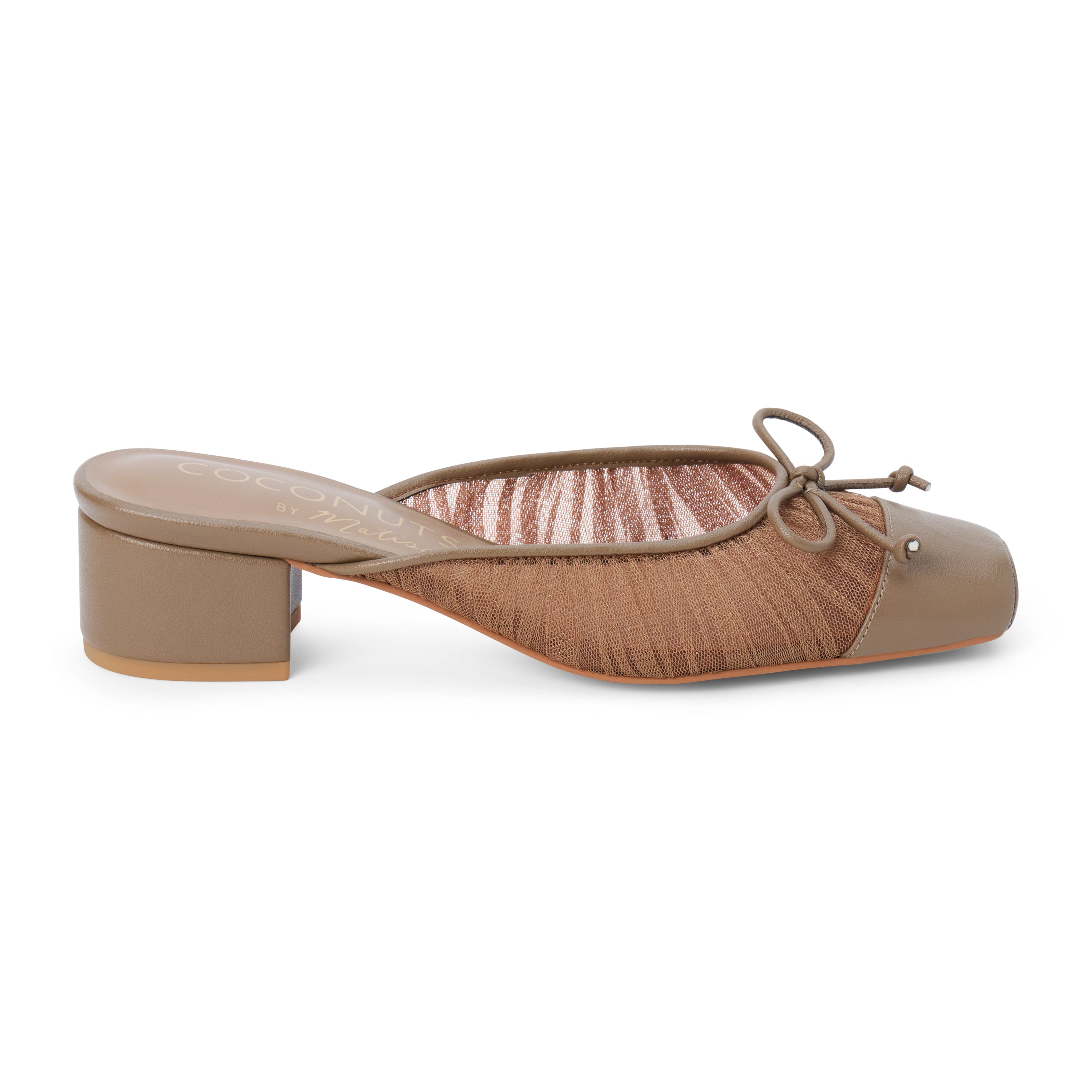 Vegan brown mesh heeled mule with a square toe, tonal bow detail, solid toe cap, and low block heel shown on a white background.