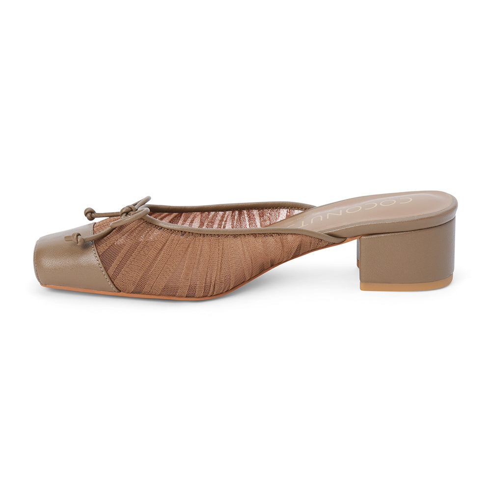 Vegan brown mesh heeled mule with a square toe, tonal bow detail, solid toe cap, and low block heel shown on a white background.