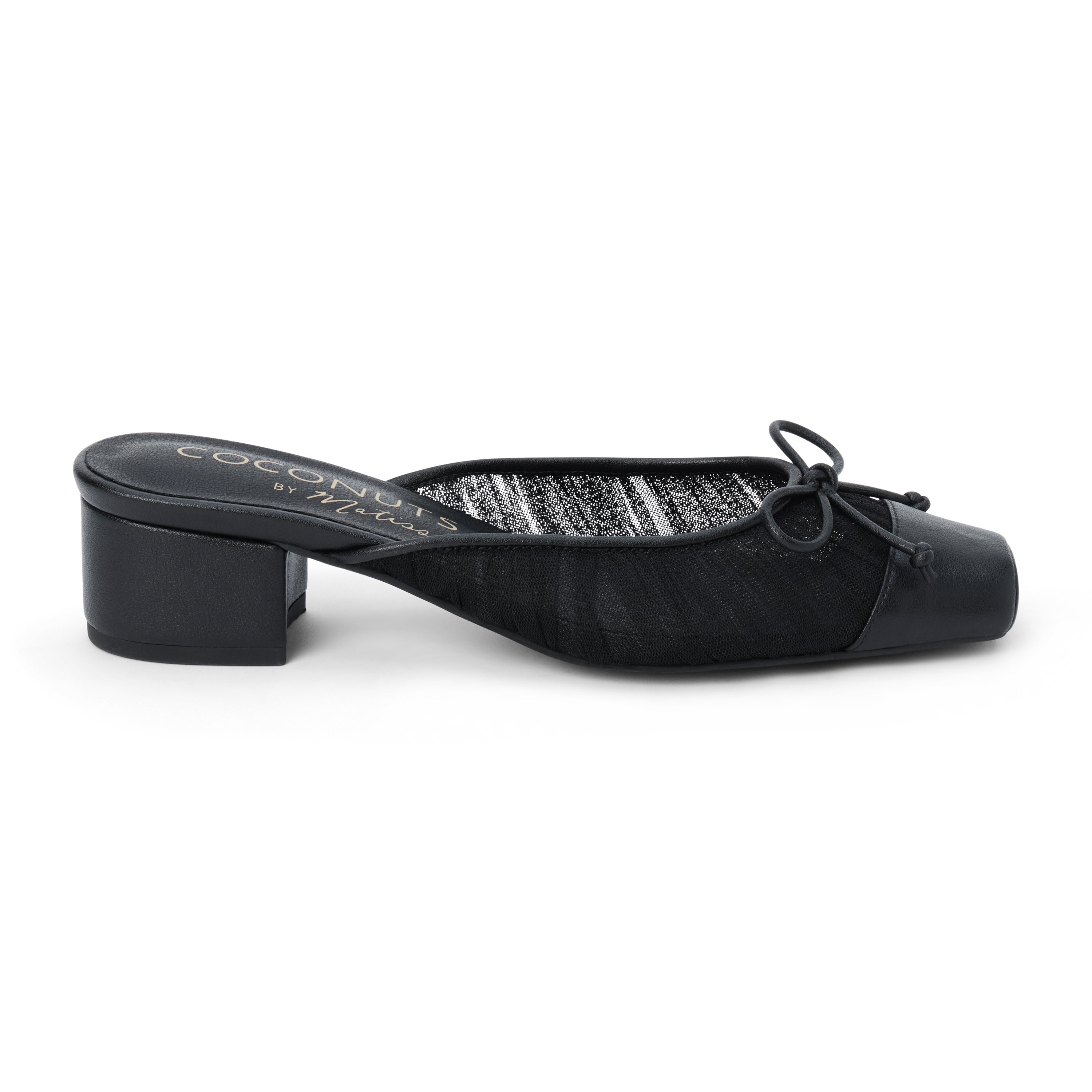 Vegan black mesh heeled mule with a square toe, tonal bow detail, solid toe cap, and low block heel shown on a white background.