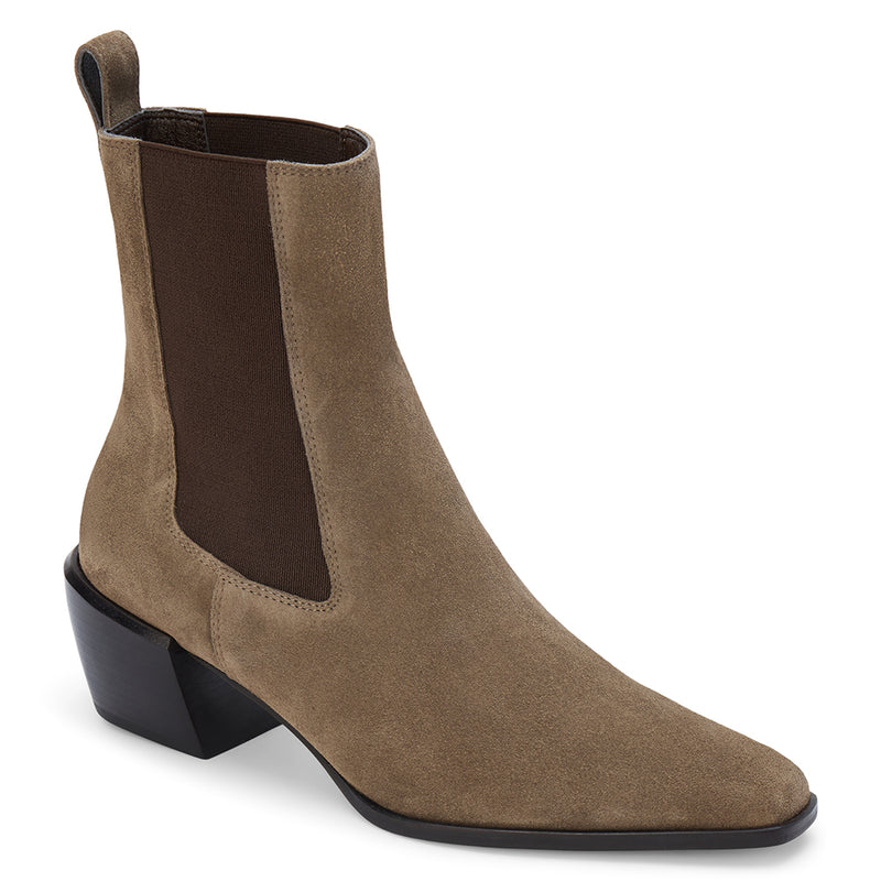 George Chelsea Boot – Matisse – Taupe suede ankle boot with stretch side panels and sculpted block heel.