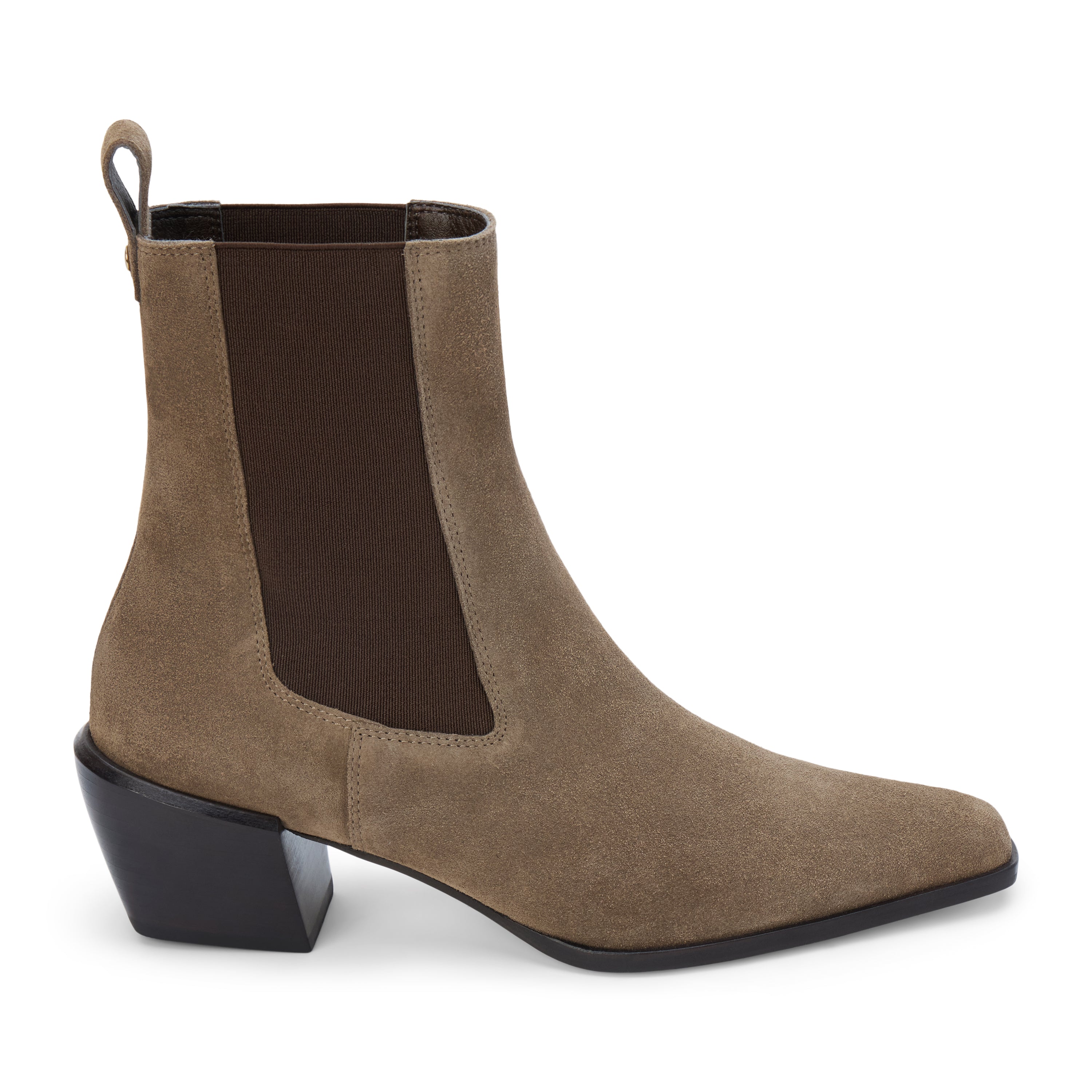 George Chelsea Boot – Matisse – Taupe suede ankle boot with stretch side panels and sculpted block heel.