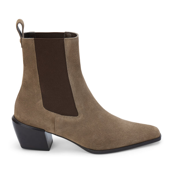 George Chelsea Boot – Matisse – Taupe suede ankle boot with stretch side panels and sculpted block heel.