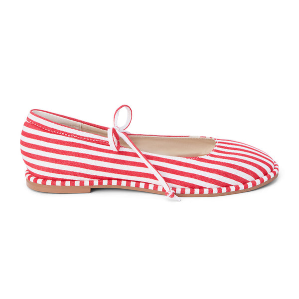 Gerry Ballet Flat – Coconuts By Matisse – Red and white striped ballet flat with a rounded toe, delicate crossover tie, and classic bow detail. A playful take on nautical style with feminine charm and everyday ease.