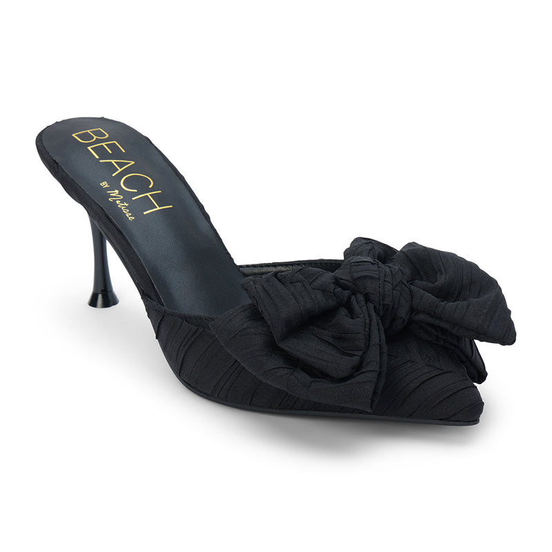 Goldie Heeled Mule - Beach by Matisse - Black pointed-toe mule with sculpted heel and oversized knotted bow.