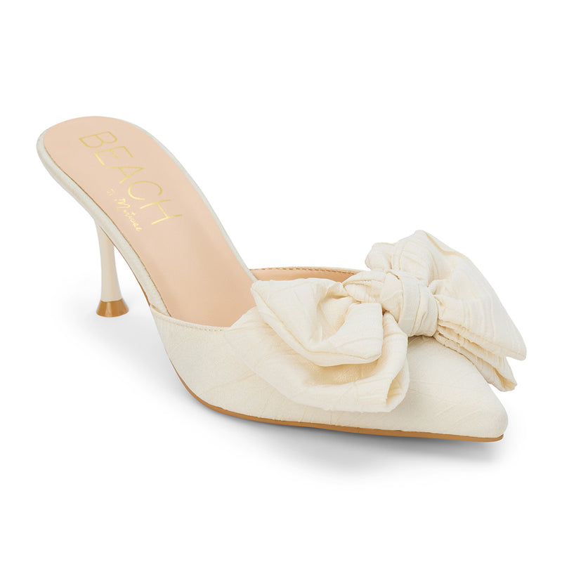 Goldie Heeled Mule - Beach by Matisse - Cream pointed-toe mule with sculpted heel and oversized knotted bow.