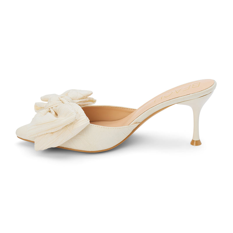 Goldie Heeled Mule - Beach by Matisse - Cream pointed-toe mule with sculpted heel and oversized knotted bow.