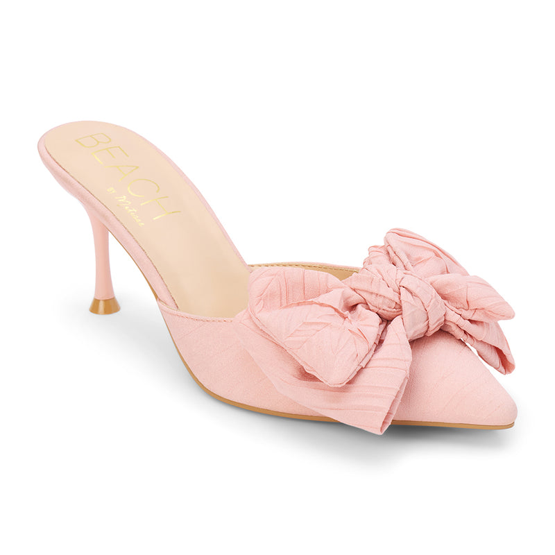 Goldie Heeled Mule - Beach by Matisse - Light pink pointed-toe mule with sculpted heel and oversized knotted bow.