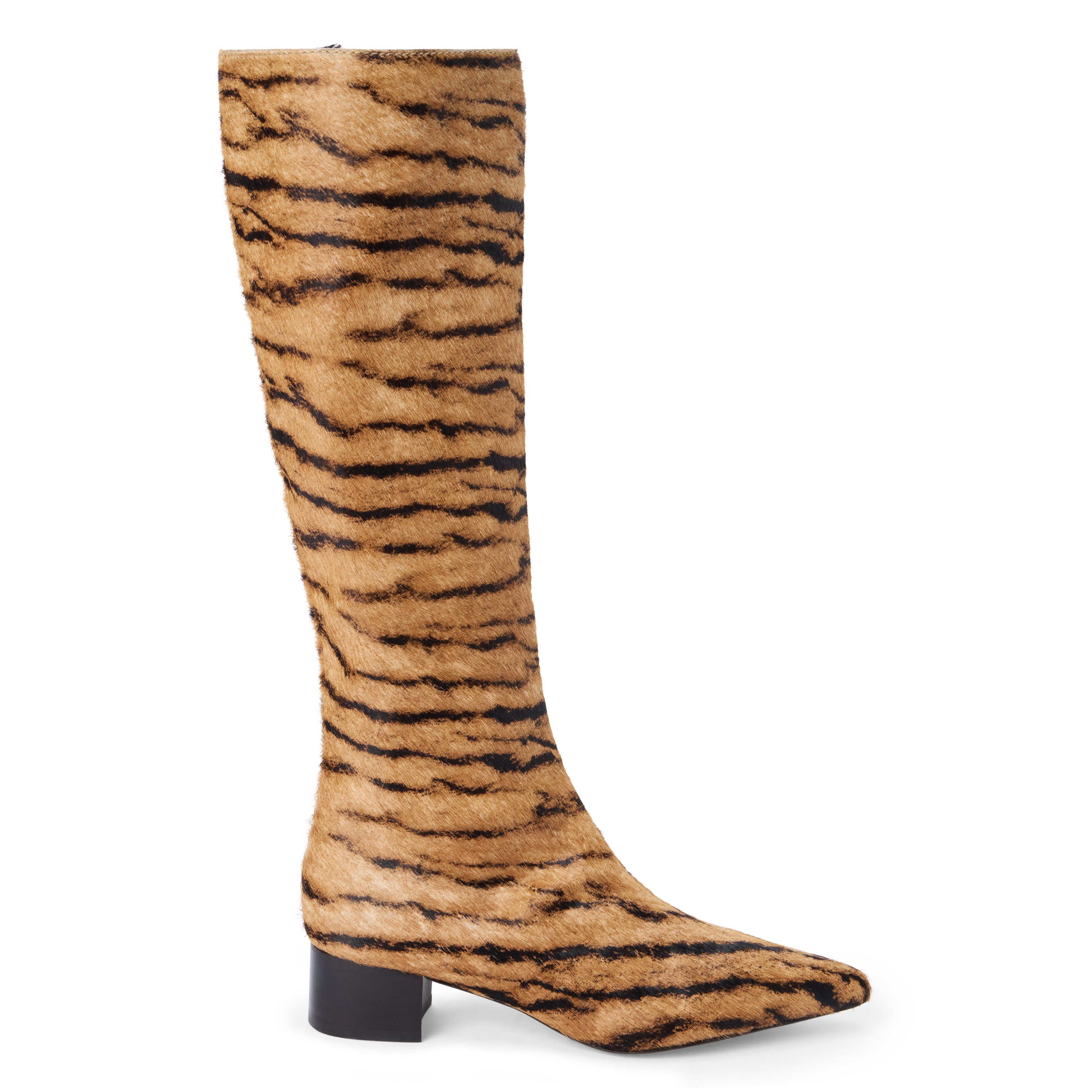 Tan cow hair knee-high boot with black zebra stripes, a pointed toe, tall shaft, and black low block heel shown on a white background.