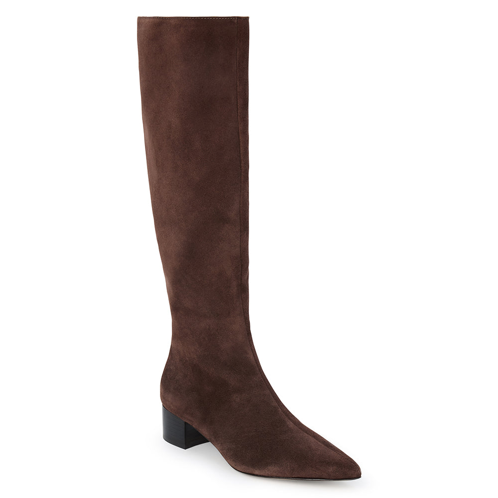 Brown suede knee-high boot with a streamlined tall shaft, pointed toe, and black low block heel shown on a white background.