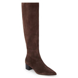 Brown suede knee-high boot with a streamlined tall shaft, pointed toe, and black low block heel shown on a white background.