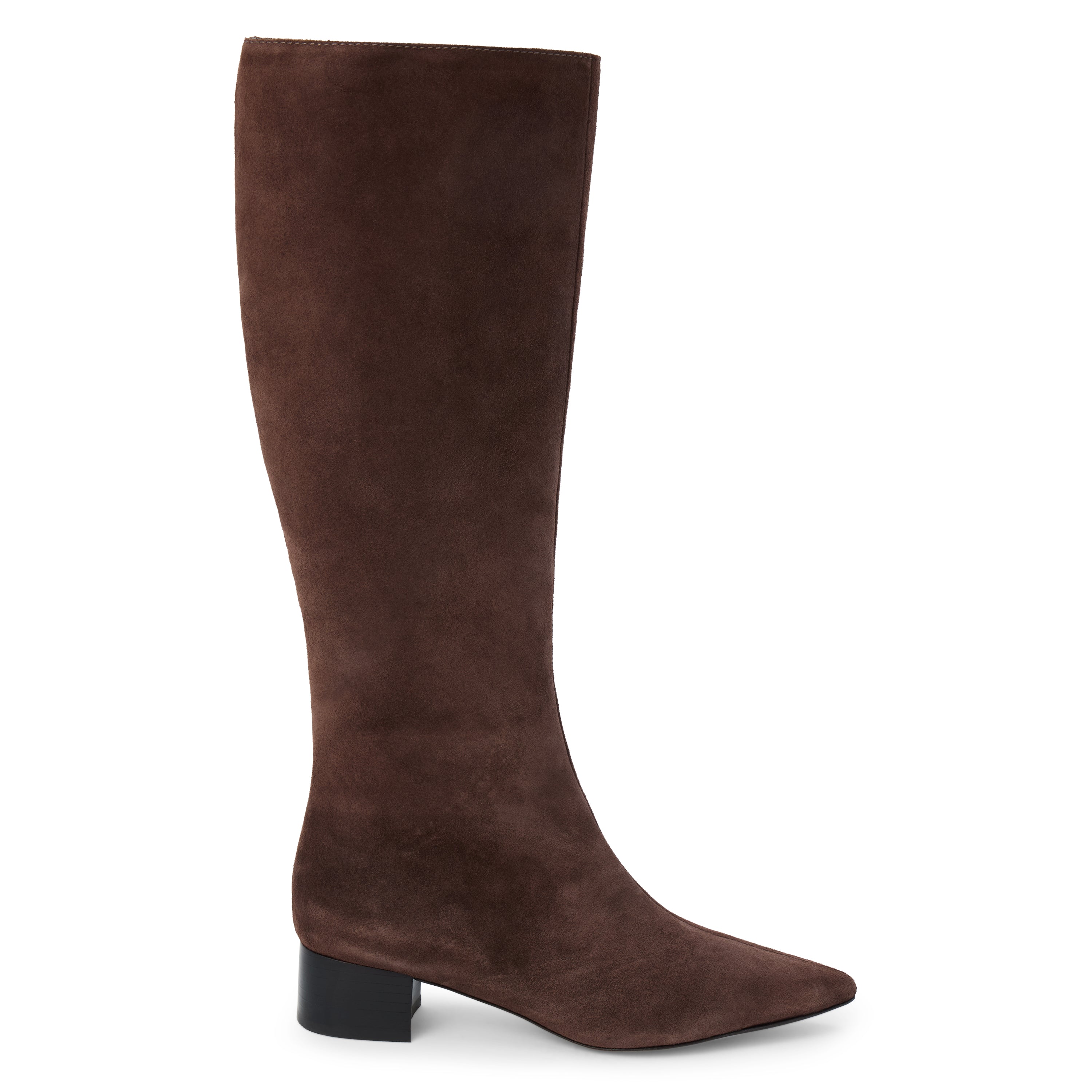 Brown suede knee-high boot with a streamlined tall shaft, pointed toe, and black low block heel shown on a white background.