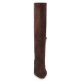 Brown suede knee-high boot with a streamlined tall shaft, pointed toe, and black low block heel shown on a white background.
