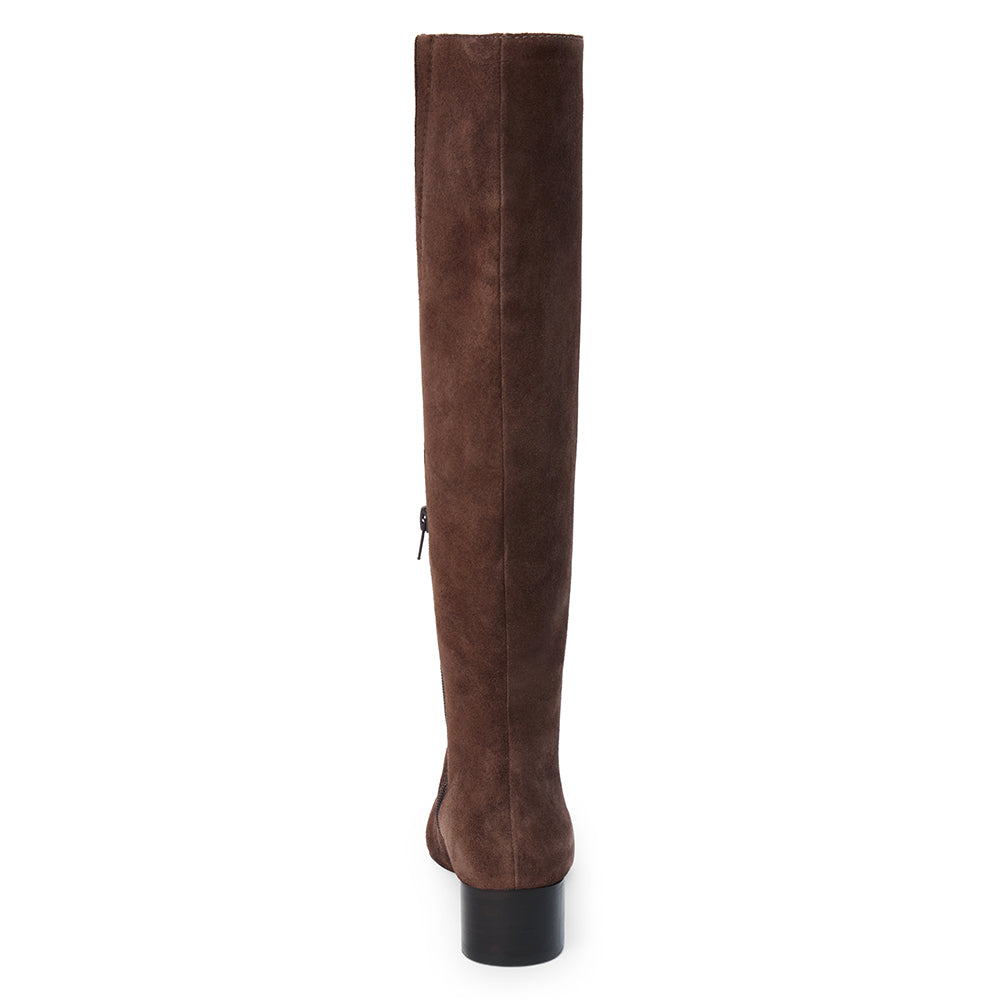 Brown suede knee-high boot with a streamlined tall shaft, pointed toe, and black low block heel shown on a white background.