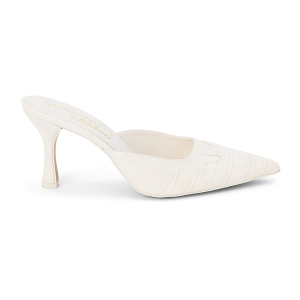 Greer Vegan Heeled Mule – Coconuts by Matisse – White pointed-toe mule with Western-inspired stitching, faux croc embossing, and a sculpted heel.