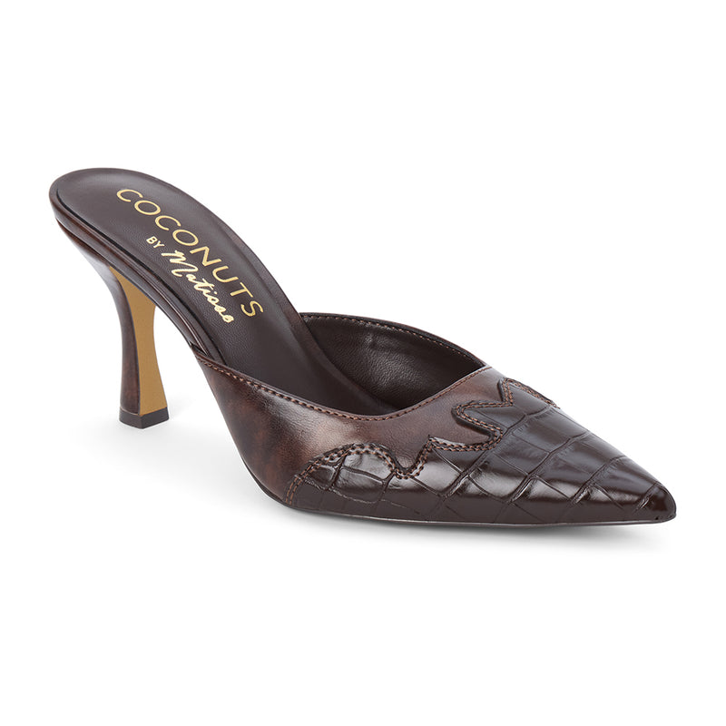 Greer Vegan Heeled Mule – Coconuts by Matisse – Brown pointed-toe mule with Western-inspired stitching, faux croc embossing, and a sculpted heel.