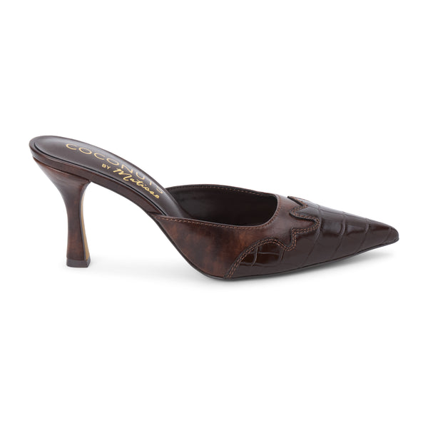 Greer Vegan Heeled Mule – Coconuts by Matisse – Brown pointed-toe mule with Western-inspired stitching, faux croc embossing, and a sculpted heel.