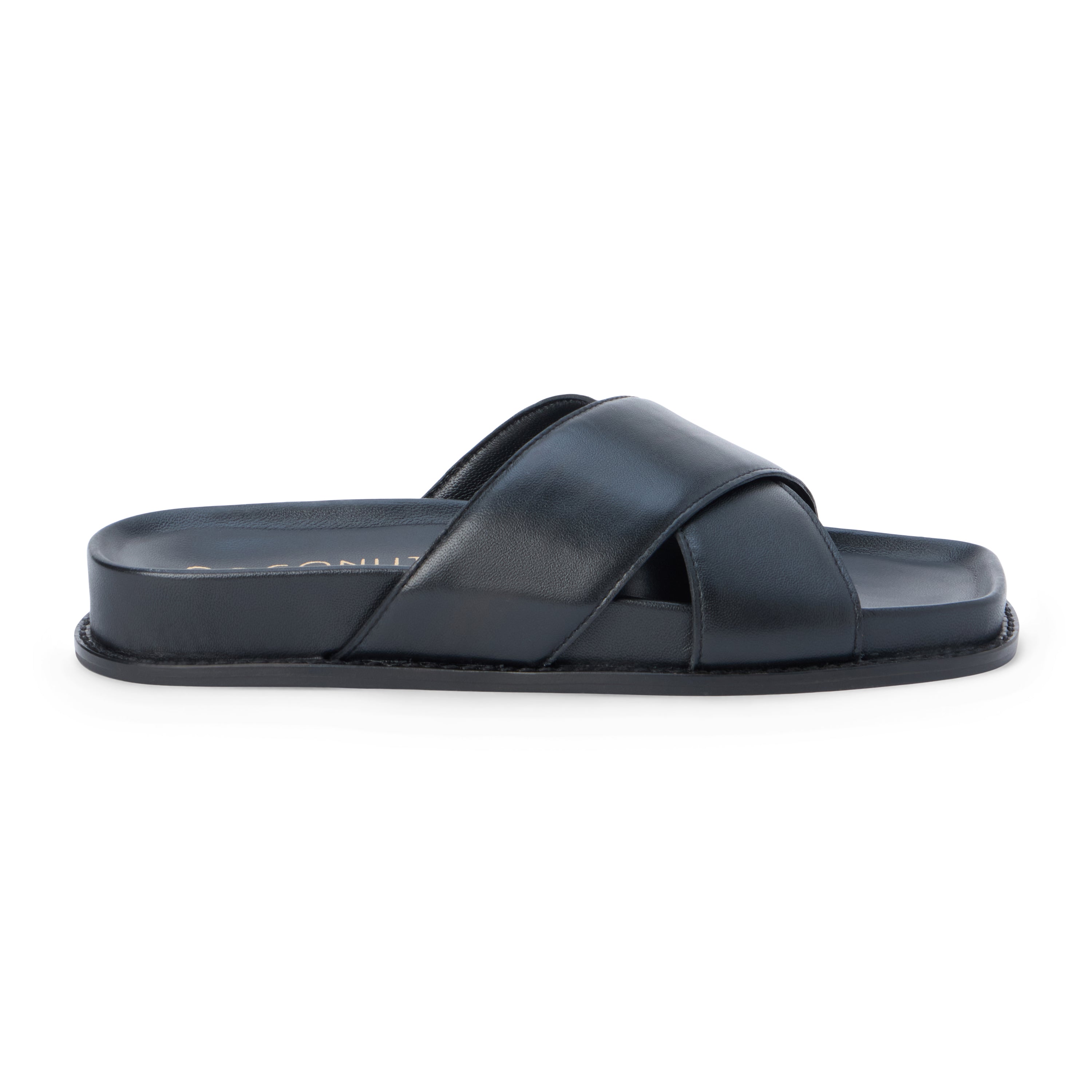 Black slide sandal with wide leather crossover straps and a cushioned sole, shown on a white background.