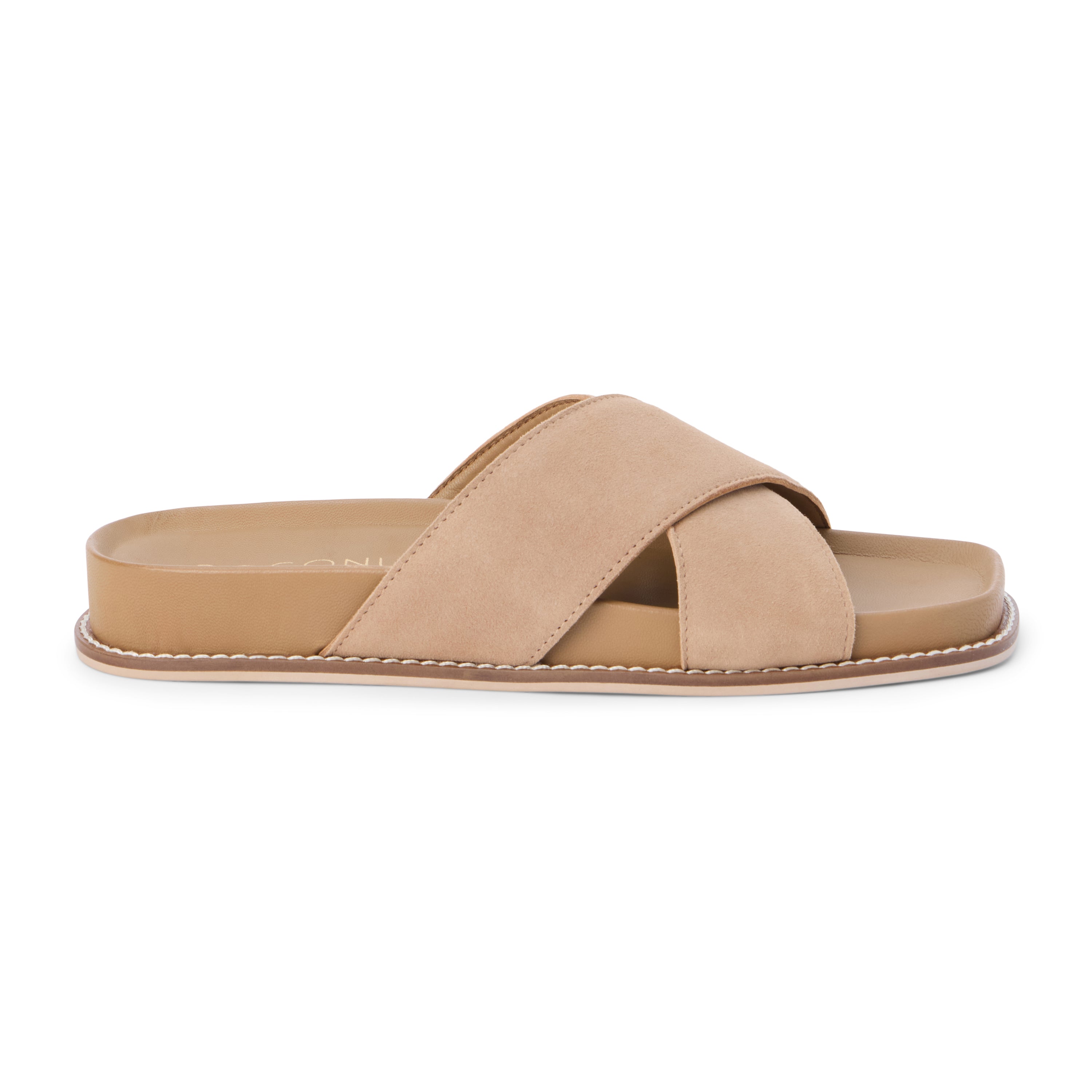 Tan slide sandal with wide suede crossover straps and a cushioned sole, shown on a white background.