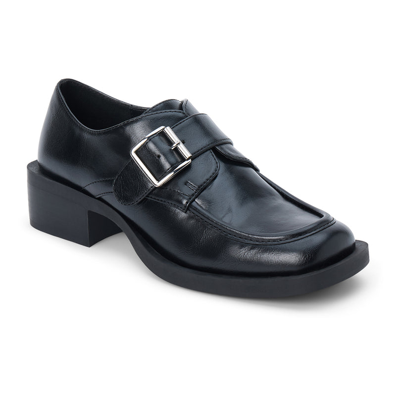 Hilary Loafer – Coconuts by Matisse – Black faux leather loafer with oversized buckle and low block heel.