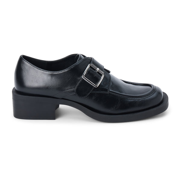 Hilary Loafer – Coconuts by Matisse – Black faux leather loafer with oversized buckle and low block heel.