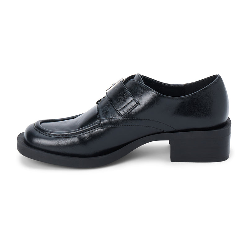 Hilary Loafer – Coconuts by Matisse – Black faux leather loafer with oversized buckle and low block heel.